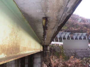 橋梁の既設排水装置の腐食、漏水、破損、伝い水の写真