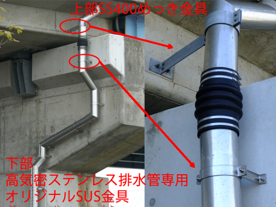 高気密ステンレス排水管金具例